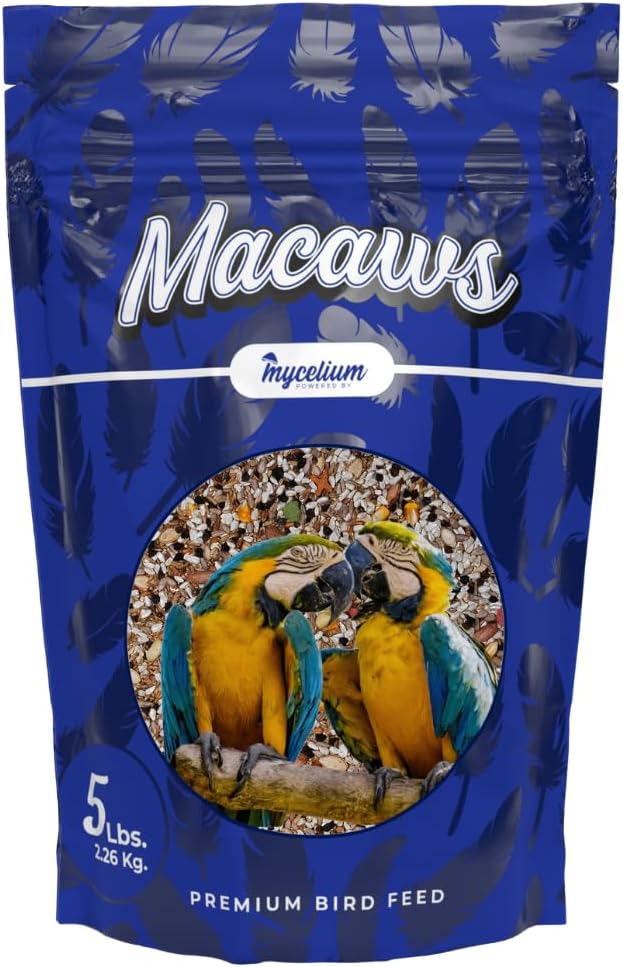 Mycelium Premium Macaw Food | High Protein & Fiber | Safe & Clean Pet Bird Food | Nut Seed Blend with Vitamins, Corn, Buckwheat, Sunflower, Peanuts & Whole Hemp Seed | Organic, Non-GMO 5 lb Bag