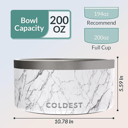 Coldest Dog Bowl - Anti Rust Metal, Non Slip, 3 Layers Insulated Stainless Steel Dog Bowls - Spill Proof & Heavy Duty - Water Bowl for Dogs, Cats & Pets, Dish Washer Safe (200 oz, Carrara Marble)