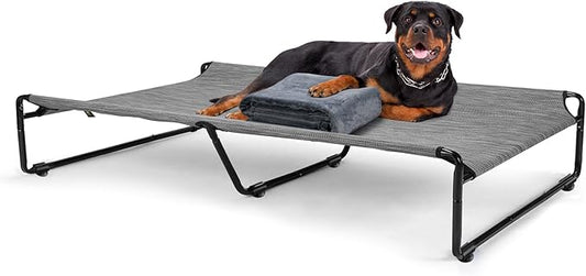 Veehoo Large Elevated Dog Bed with Flannel Dog Blanket, Outdoor Guardrail Raised Pet Cot for Extra Large Dogs, Anti-Slip Camping Dog Hammock Bed, Breathable Teslin Mesh Fabric, XXL, CWC2201B