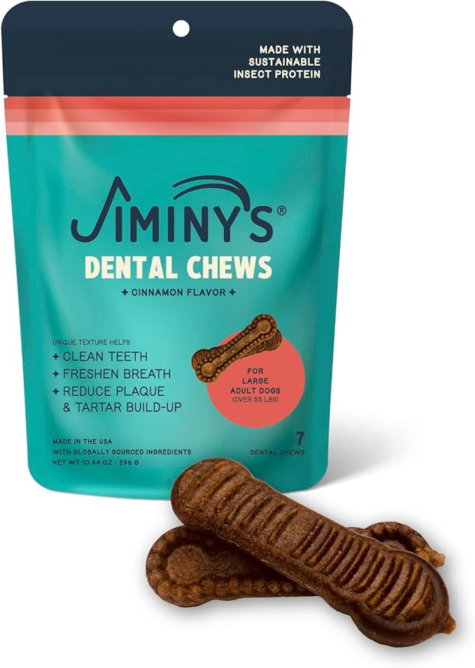 Jiminy's Dental Chews for Dogs, Cinnamon Flavor, Scientifically Proven to Improve Oral Health, Dental Bones Clean Teeth, Fight Bad Breath, and Removes Plaque and Tartar, Large, 7ct (Pack of 1)