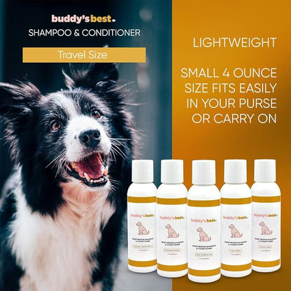 Buddy’s Best 4oz Travel-Size Dog Shampoo and Conditioner with Shea Butter, Oatmeal, Biotin, and Aloe Vera, Alcohol-Free Deep Moisturizer for Dry, Itchy Skin and Coats (Coat Brightening)