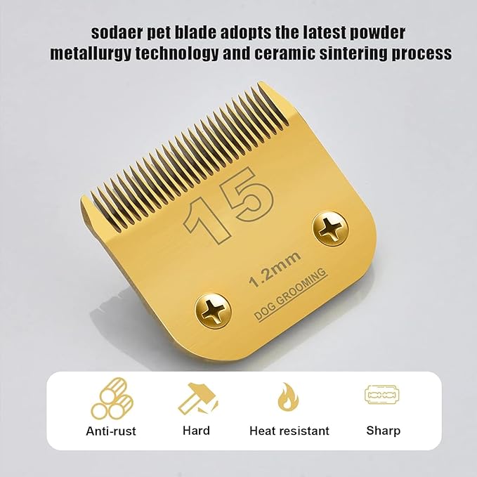 2 Packs #15 Clipper Blade Dog Grooming Compatible with Wahl/Oster Dog Clippers 3/64" 1.2mm Cut Length(Gold)