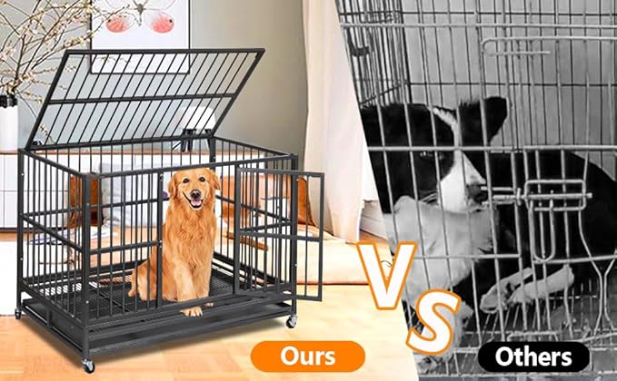 48  Heavy Duty Dog Crate, Cage Kennel with Wheels&Brakes, High Anxiety Indestructible, Sturdy Locks Design, Double Door and Removable Tray, for Large Pets