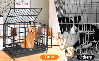 48  Heavy Duty Dog Crate, Cage Kennel with Wheels&Brakes, High Anxiety Indestructible, Sturdy Locks Design, Double Door and Removable Tray, for Large Pets