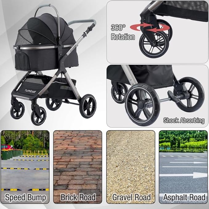 Pet Stroller for Small Medium Dogs, Cat Stroller Travel System Four Wheel Dog Stroller with Carrier, Zipperless Entry/Cup Holder/Storage Basket