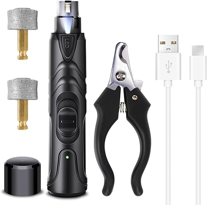 Dog Nail Grinder with LED Light, 2 Speeds Pet Dog Cat Nail Trimmers and Nail Clippers Set Low-Noise Rechargeable Pet Nail Grinder with 2 Grinding Wheels for Large Medium Small Animal Nail Care
