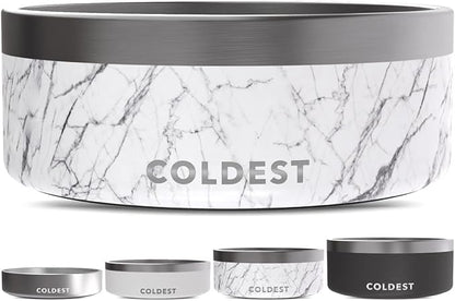 Coldest Dog Bowl - Anti Rust Metal, Non Slip, 3 Layers Insulated Stainless Steel Dog Bowls - Spill Proof & Heavy Duty - Water Bowl for Dogs, Cats & Pets, Dish Washer Safe (64 oz, Carrara Marble)