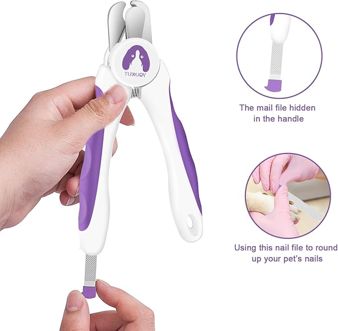 Dog Nail Clippers and Trimmers,Professional Grooming Tool with Safety Guard to Avoid Over Cutting,Free Nail File,Razor Sharp Blade,Sturdy Non Slip Handles for Large and Small Animals (Purple)