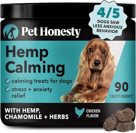 Pet Honesty Hemp Dog Calming Chews, Dog Anxiety Treats to Support Dog Anxiety, Melatonin for Dogs, Helps Aid with Thunder, Fireworks, Chewing & Barking (Chicken 90 Ct)