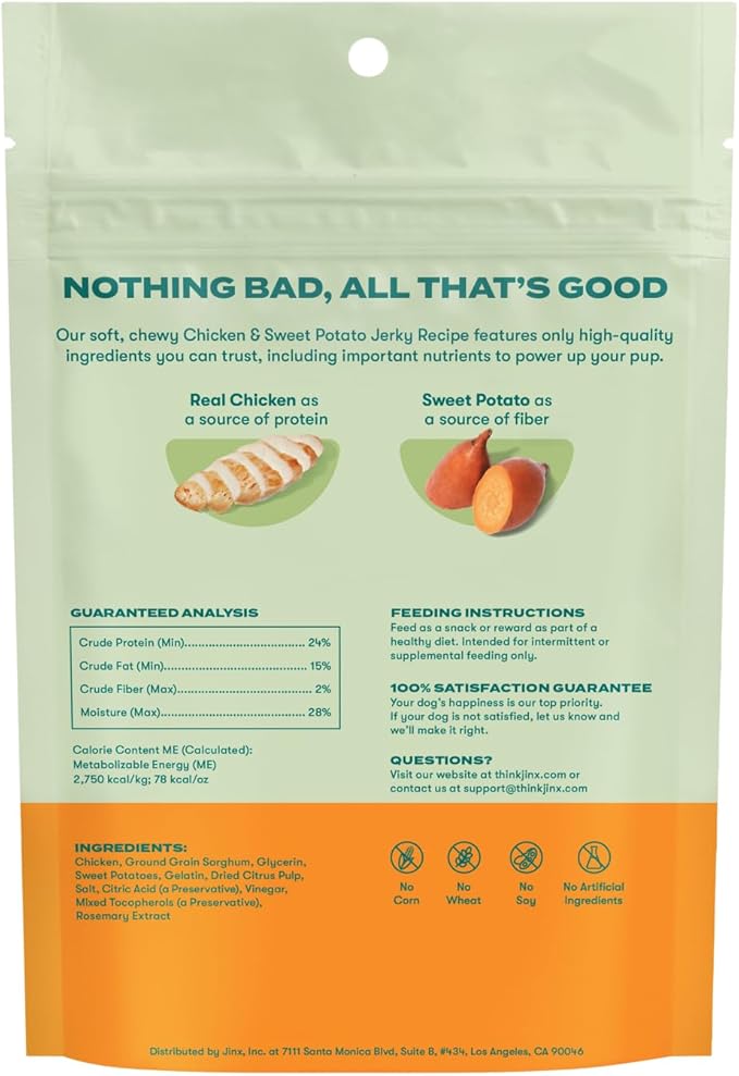 Jinx Tenders Chicken Jerky Dog Treats, All Natural Ingredients, Soft & Chewy, Low-Calorie, Slow-Smoked Chicken & Sweet Potato, No Fillers, 5oz, 6 Pack