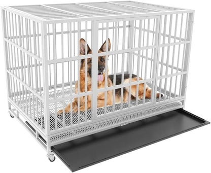 54/48/42/38 Inch Heavy Duty Dog Crate Cage with Wheels, Indestructible and Escape Proof Steel Kennel Indoor for High Anxiety Dogs with Sturdy Locks, Double Door and Tray, Extra Large XL XXL