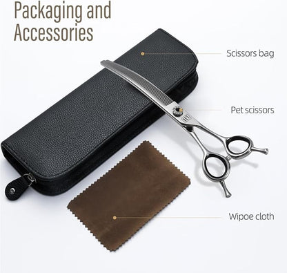 Dog Grooming Scissors: 7.0 inch Professional Pet Curved Thinning Shears Made Of Japanese 440C Advanced Stainless Steel for Dogs Cats and Other Pets