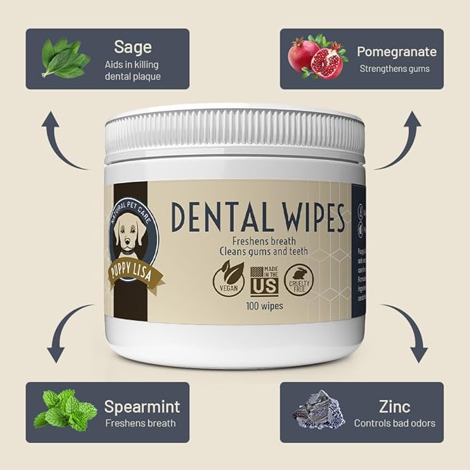 Dog Dental Wipes - Natural Dog Bad Breath Eliminator and Dental Care with Pomegranate and Sodium Bicarbonate - Made in The US - Vegan - Easy to Use Dog Teeth Wipes, Dogs Love The Taste