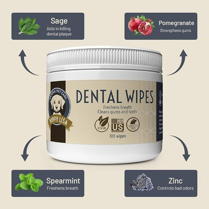 Dog Dental Wipes - Natural Dog Bad Breath Eliminator and Dental Care with Pomegranate and Sodium Bicarbonate - Made in The US - Vegan - Easy to Use Dog Teeth Wipes, Dogs Love The Taste