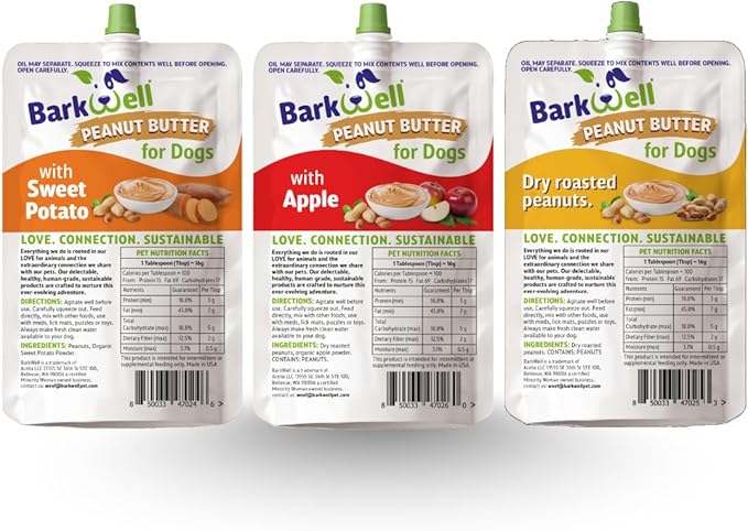 Peanut Butter Squeeze - All-Natural Dog Peanut Butter Dog Treat 3 Pack (24 oz) Sourced and Made in The USA Plus Free Lick Mat. Peanut Butter, Sweet Potato and Apple. 100% Natural