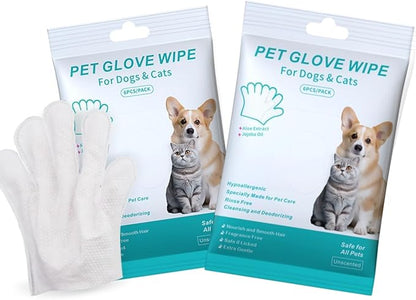 Pet Glove Wipes, Rinse Free, Cleaning & Deodorizing Bathing, Wipes for Animals Dogs, Cats, Pet Cleaning Gloves Wipes for Daily Care, Traveling, Hypoallergenic, 6Pcs, 2 Pack