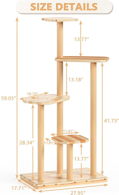 Outdoor Cat Tree - Durable 4-Tier Natural Wood for Multiple Cats, All-Weather for Patio, Garden, Balcony - Ideal for Scratching, Climbing, and Lounging
