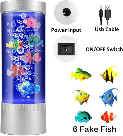 Bubble Fish Lamp with 6 Floating Fake Fish – LED Aquarium Night Light with Bubbles – Cylindrical Transparent Tank, Perfect for Kids’ Rooms, Offices, and Living Spaces