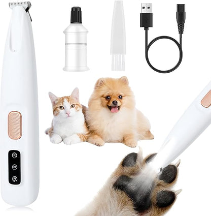 Dog Trimmer, Saffory Paw Trimmer, Saffory Electric Dog Trimmer for Paws, Pet Paws Trimmer with Led Light, Rechargeable Low Noise Pet Trimmer Hair Clipper-1set White with Oil(1)