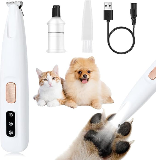 Dog Trimmer, Saffory Paw Trimmer, Saffory Electric Dog Trimmer for Paws, Pet Paws Trimmer with Led Light, Rechargeable Low Noise Pet Trimmer Hair Clipper-1set White with Oil(1)