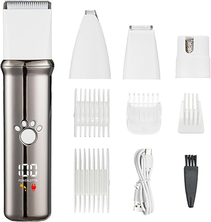 4-in-1 Dog Grooming Clippers Kit, Cordless Rechargeable Low Noise Shaver Grooming Supplies, Waterproof and Washable Pet Trimmer Set with Paw Trimmer for Dog Pets (Grey)