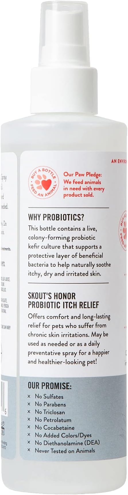 SKOUT'S HONOR Probiotic Itch Relief Spray for Pets - Non-Medicated, Fragrance-Free, Natural, Vegan, Long-Lasting Relief, with Soothing Oatmeal, 8 oz