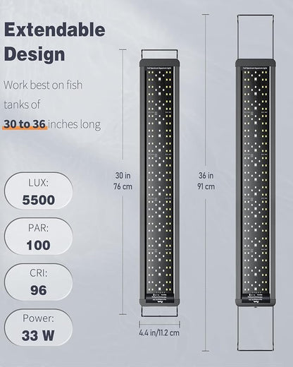 Pawfly 24W Aquarium LED Light for 30" to 36" Tanks 24/7 Extendable Fish Tank Light with Full Spectrum IP68 Waterproof with D/N Mode Single Color Effects Timer and Adjustable Brightness
