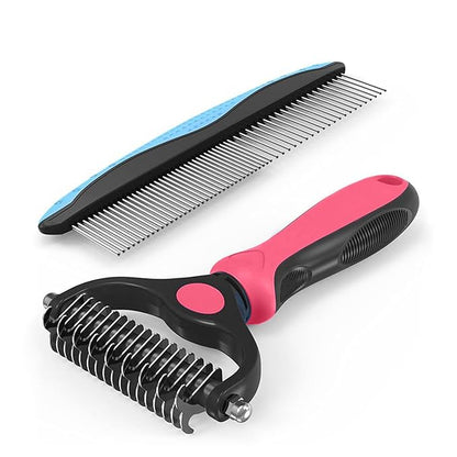 YINGFAN Pet Grooming Combo, Double-Sided Dematting Deshedding Undercoat Rake for Dogs and Cats, Dog Brush with Metal Comb for Detangling (Pink)