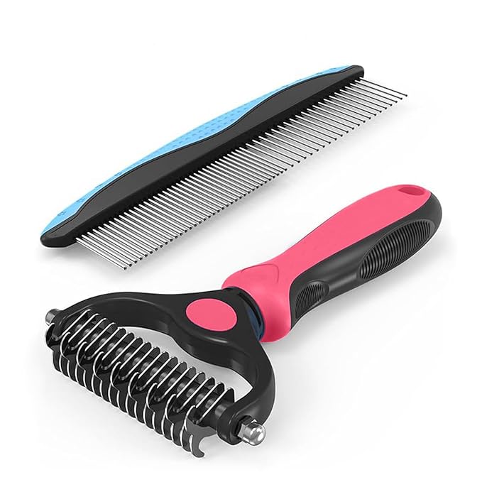 YINGFAN Pet Grooming Combo, Double-Sided Dematting Deshedding Undercoat Rake for Dogs and Cats, Dog Brush with Metal Comb for Detangling (Pink)
