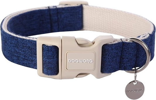 DOGWONG Cotton Hemp Dog Collar, Heavy-Duty Blue Dog Collar Adjustable Soft Natural Fabric Cute Wedding Puppy Necklace for Small Medium Large Dogs
