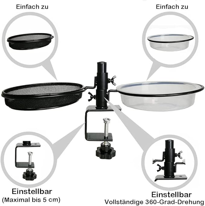 Deck Bird Feeders with Metal Mesh Tray and 2 Water Bowls - Detachable Adjustable Heavy Duty Clamp Bracket, Rail Bird Bath Balcony Porch Railing Feeder Perfect for Attracting Birds.