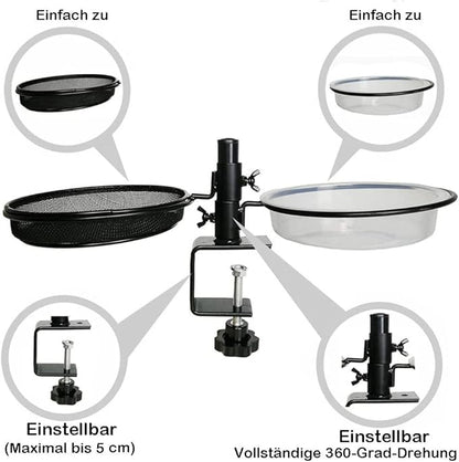 Deck Bird Feeders with Metal Mesh Tray and 2 Water Bowls - Detachable Adjustable Heavy Duty Clamp Bracket, Rail Bird Bath Balcony Porch Railing Feeder Perfect for Attracting Birds.