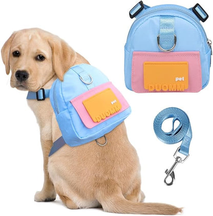Dog Backpack Harness with Leash,Cute Pet Puppy Backpacks Bulid-in Dog Poop Bag Dispenser,Adjustable Pets Self Carrier Bag for Small Medium Dogs Travel Hiking Daily Walking (M, Blue)