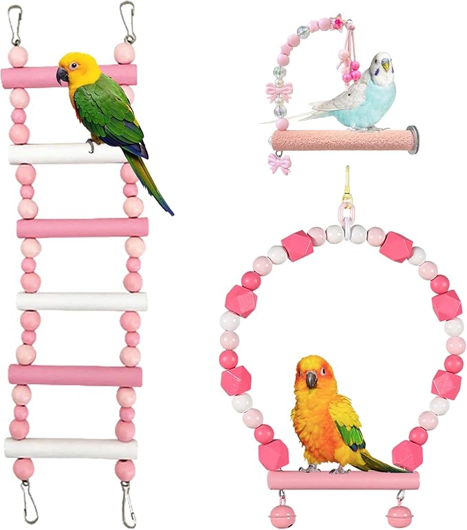 3-Piece Pink Bird Toys Set  Parrot Perch, Swing & Ladder Interactive Cage Accessories for Parakeets, Cockatiels, Conures, Budgies  Ideal for Small to Medium Birds