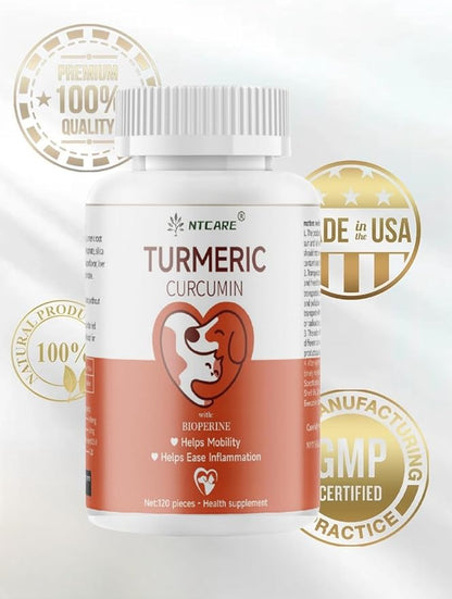 Turmeric for Dogs Anti Inflammatory Pain Relief -Dog Pain Relief-120 Chewable Tablets Hip & Joint Support with Curcumin and BioPerine, Antioxidant, Cardiovascular Health,Mobility Support