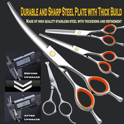 Dog Grooming Kit 7.5in Professional Dog Grooming Scissors Curved Set Including Straight Cutting,Thinning Shears,Curved Scissors,Round Tips Trimming and Comb, Cat Dogs Grooming clippers for Face Paws