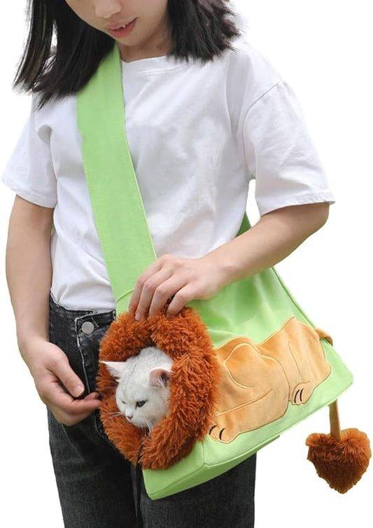 Dog Carrier Sling Lion-Shaped Pet Canvas Bag Cat Shoulder Bag Pet Body Holder for Daily Use Walking Travel Outdoor, Light Green L