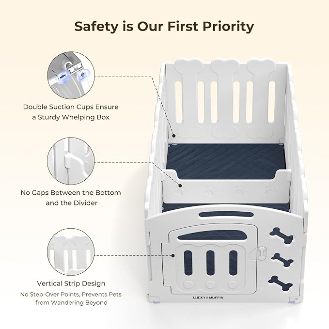 Dog Playpen with Door & Whelping Box, 6-Panel Lightweight Plastic Fence for Small to Medium Pets, Indoor/Outdoor Use, Portable, Durable, Non-Slip, Easy Assembly (White, Regular, 6)