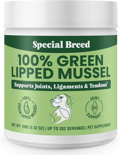 Special Breed Green Lipped Mussel Powder for Dogs & Cats - 100% New Zealand - Natural Hip & Joint Supplement for Joints, Tendons, Ligaments, Muscles - 100 Grams - Up to 332 Servings