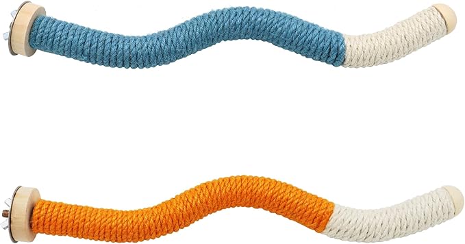 11 x 0.9 inch Bird Perch Parrot Stand Cage Accessories Natural Wooden Stick Paw Grinding Rope-surfaced Chew Toy Standing Rod for Exercise Training Branches (Curved-Orange+Blue)
