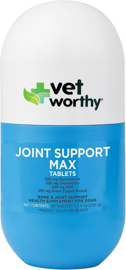 Vet Worthy Joint Support Max Tablets - Bone and Joint Supplement for Dogs - Rich in Glucosamine Chondroitin for Dogs & MSM - Formulated for Stiffness, Mobility, and Cartilage Protection – 90 Count