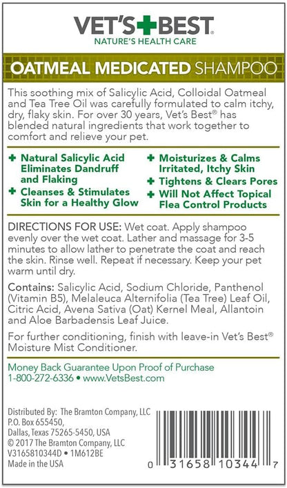Vet's Best Medicated Oatmeal Shampoo for Dogs - Soothes Dog Dry Skin - Cleans, Moisturizes, and Conditions Skin and Coat - 16 Ounces