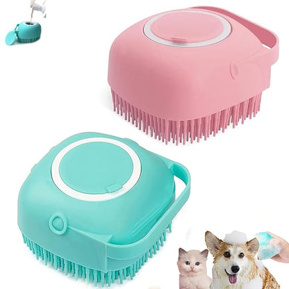 2Pcs Pet Bath Scrubber Brush, Dog Grooming Massage Shampoo Bath Brush with Soap and Shampoo Dispenser Soft Silicone Bristle for Long Short Haired Dogs Cats Shower (Blue&Pink)
