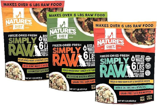 Nature's Diet Simply Raw® Freeze-Dried Raw Whole Food Meal - 1 lb Sample 3 Pack Fresh Raw Food with Muscle, Organ, Bone Broth, Whole Egg, Superfoods, Fish Oil Omega 3, 6, 9, Probiotics, Prebiotics