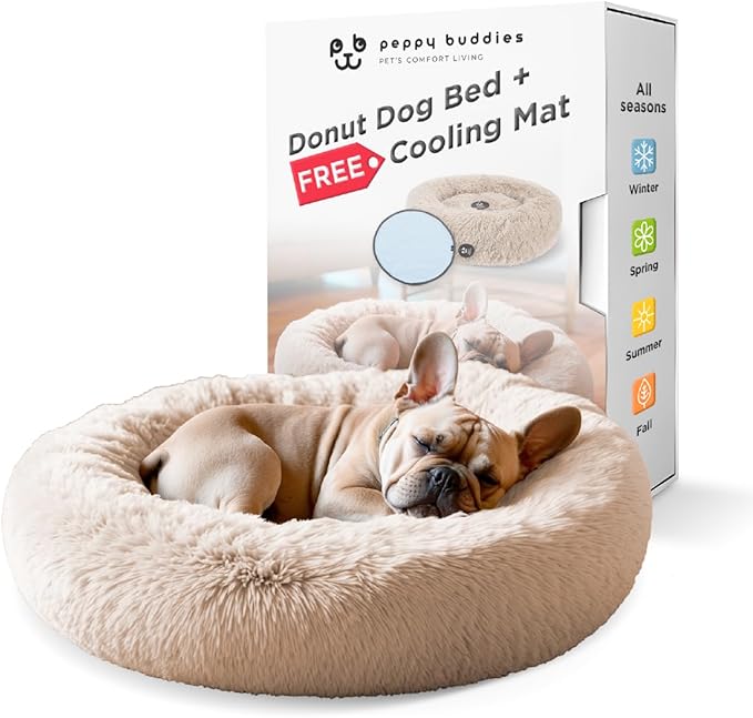 Small Donut Dog Bed, Calming Dog Bed Washable Ideal for Small to Large Dogs and Cats & Round Dog Bed,Anti-Anxiety Multiple Sizes (Beige, Combo Small (23" L x 23" W x 7" Th))