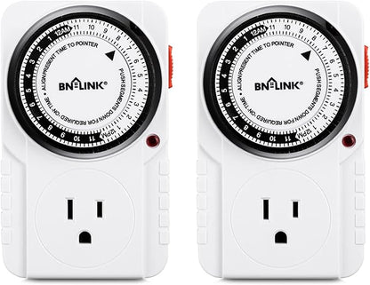 BN-LINK 24 Hour Plug-in Mechanical Timer Grounded for Aquarium, Grow Light, Hydroponics, Indoor Lighting, Home Appliances, ETL Listed 125VAC, 60 Hz, 1875W, 15A, 1/2HP (2 Pack)