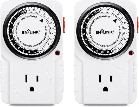 BN-LINK 24 Hour Plug-in Mechanical Timer Grounded for Aquarium, Grow Light, Hydroponics, Indoor Lighting, Home Appliances, ETL Listed 125VAC, 60 Hz, 1875W, 15A, 1/2HP (2 Pack)