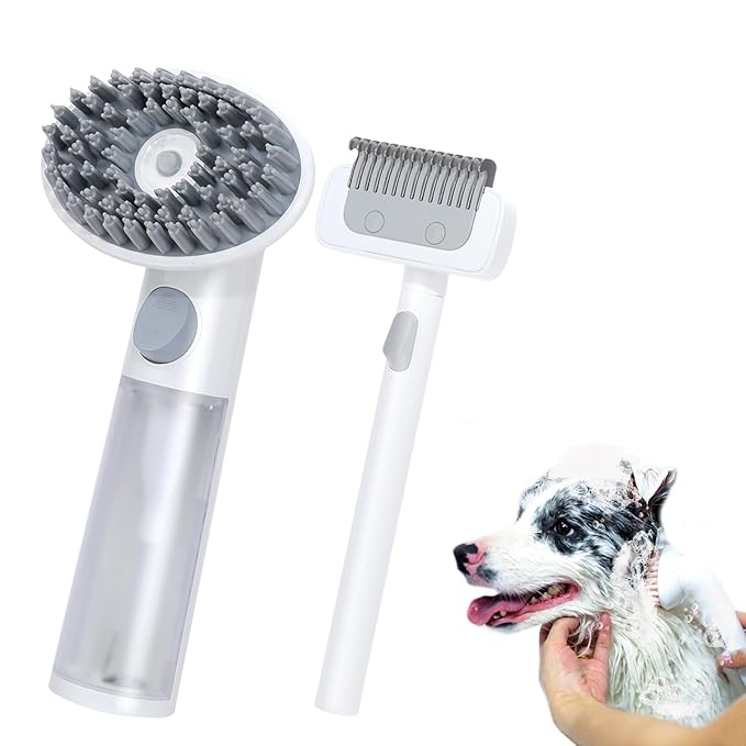 2PCS Dog Bath Brush & Deshedding Tool | Soft Silicone Dog Scrubber for Bath | Massage Pet Bath Brush with Soap Handle Dispenser for Medium to Large Dogs