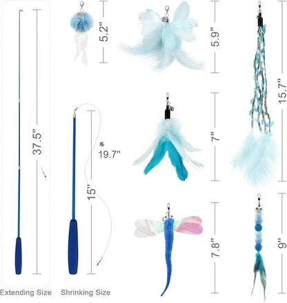 SONGWAY Cat Wand Toys for Indoor Cats - Cat Toy Set with Retractable Teaser Wand and 6 PCS Fairy Feather Toy Refills, Dragonfly Tassel Plush Cat Toys Interactive, Blue