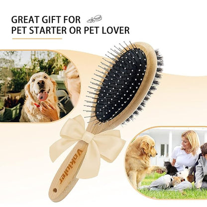 Double Sided Dog and Cat Brush - Bristle and Pin for Grooming, Real Boar Bristle With Bamboo Handle for Long Short Hair, 4 Pack Comb, Black+Yellow
